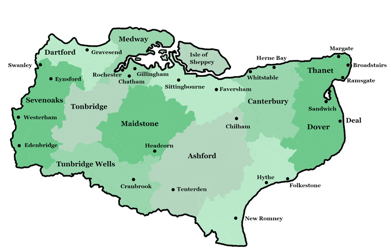 Map of Kent, in shades of green, with key towns and villages for See Kent's homepage